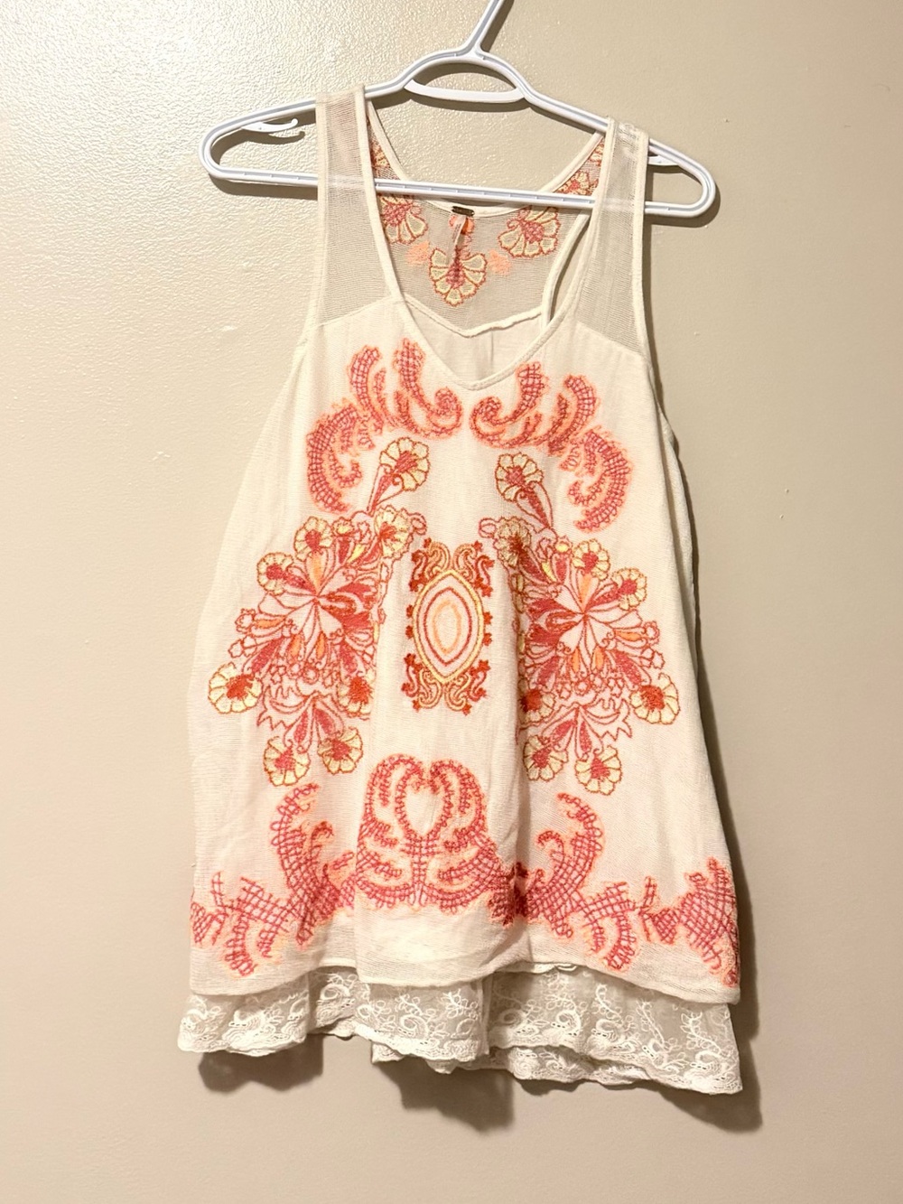 Free People Cream Tank with Pink and Orange Embroidered Floral Motif